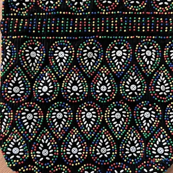 Vintage Beaded Tote Bag Purse Retro 60s 70s Rainbow Plastic Beads Black Funky - Picture 5 of 7